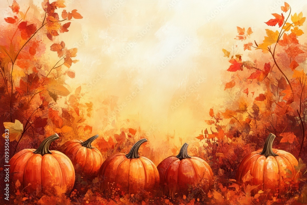A serene autumn scene featuring pumpkins amidst colorful fall foliage. A serene autumn scene featuring pumpkins amidst colorful fall foliage.