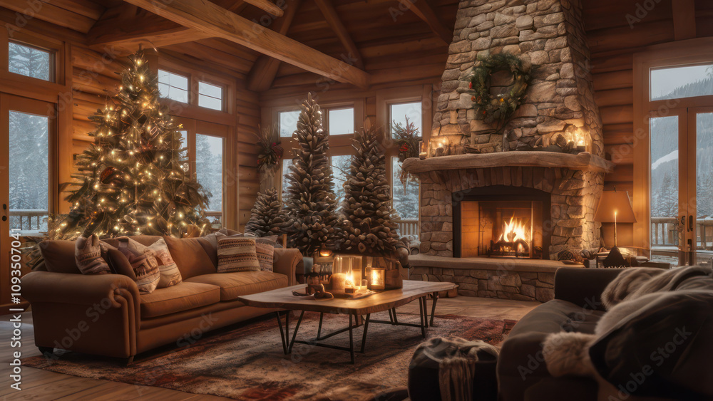 Fototapeta premium An alpine lodge living room with a roaring fireplace, wooden beams, and a large Christmas tree.