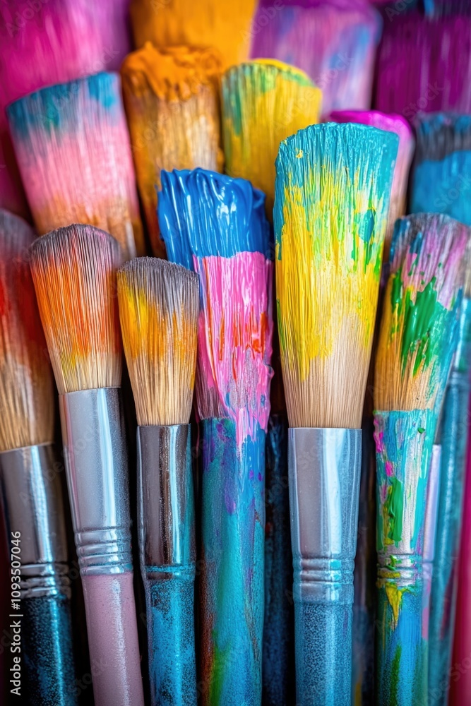 Fototapeta premium A close-up shot of a group of paint brushes lying on a surface