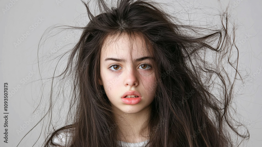 Teenage girl with greasy roots and damaged straw-like ends on her long dark hair Teenage girl with greasy roots and damaged straw-like ends on her long dark hair