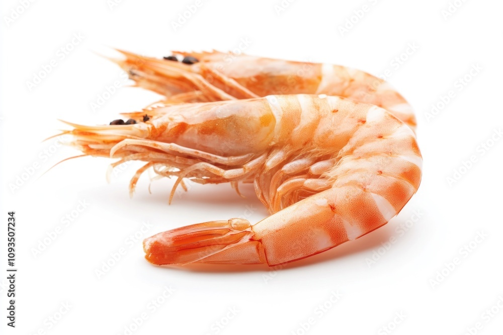 A detailed shot of a single shrimp sitting on a white background, ideal for use in food or marine-related contexts A detailed shot of a single shrimp sitting on a white background, ideal for use in food or marine-related contexts