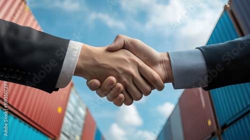 A handshake between two businesspeople of different ethnicities against a backdrop of shipping containers at a busy port, symbolizing successful international trade agreements. photo