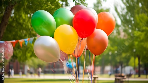 Colorful Balloons Float in a Sunny Park Setting photo