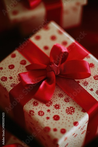 A close-up shot of a gift box wrapped in a red ribbon, ready to be given as a present photo