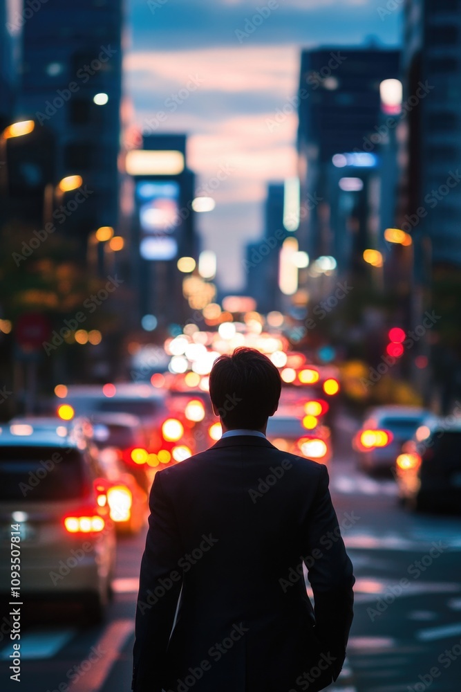 Fototapeta premium A person in business attire stands on a urban sidewalk, suitable for various uses