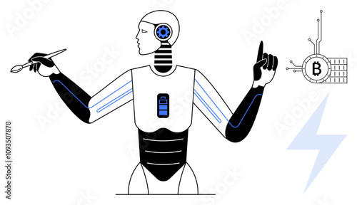 A humanoid robot holds a paintbrush and points towards a Bitcoin symbol connected to a circuit. A lightning bolt is also visible. Ideal for technology, cryptocurrency, AI, automation, innovation