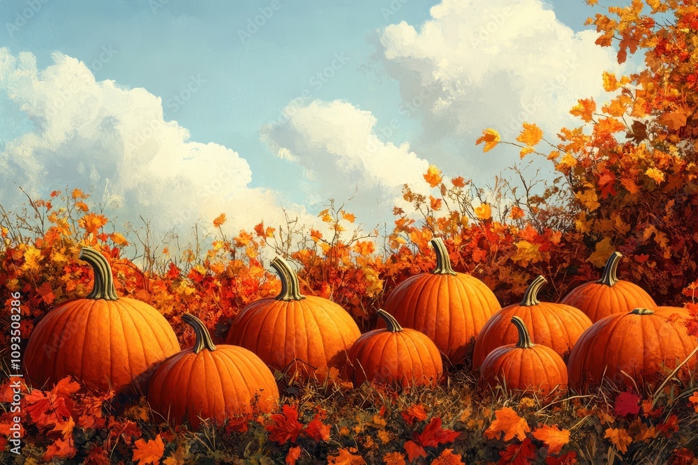 A serene autumn scene featuring vibrant pumpkins among colorful foliage. A serene autumn scene featuring vibrant pumpkins among colorful foliage.