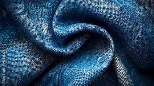 A close up of deep blue fabric featuring elegantly swirling patterns, highlighting its intricate texture and depth, symbolizing calm and serenity.