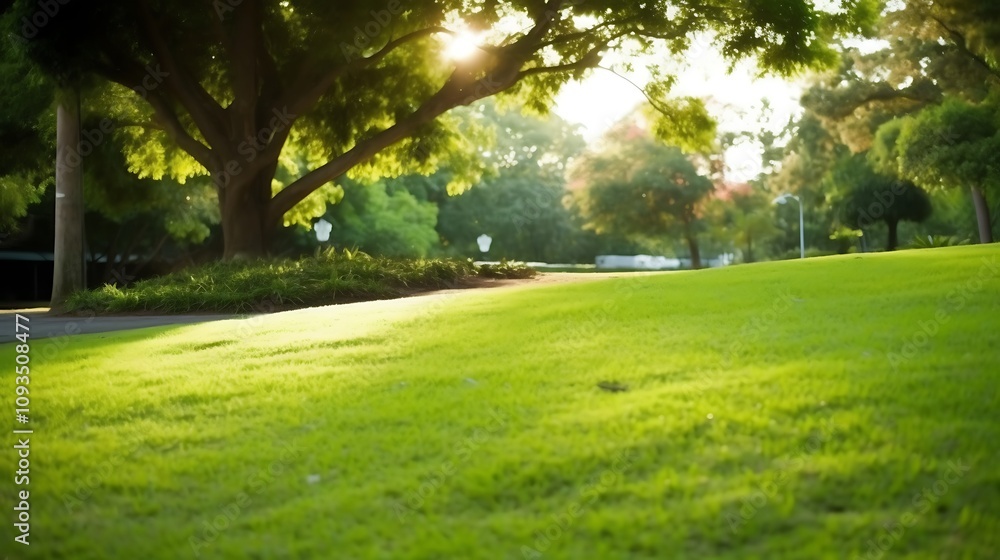 Sunlit Park Scene With Lush Green Grass and Trees Sunlit Park Scene With Lush Green Grass and Trees