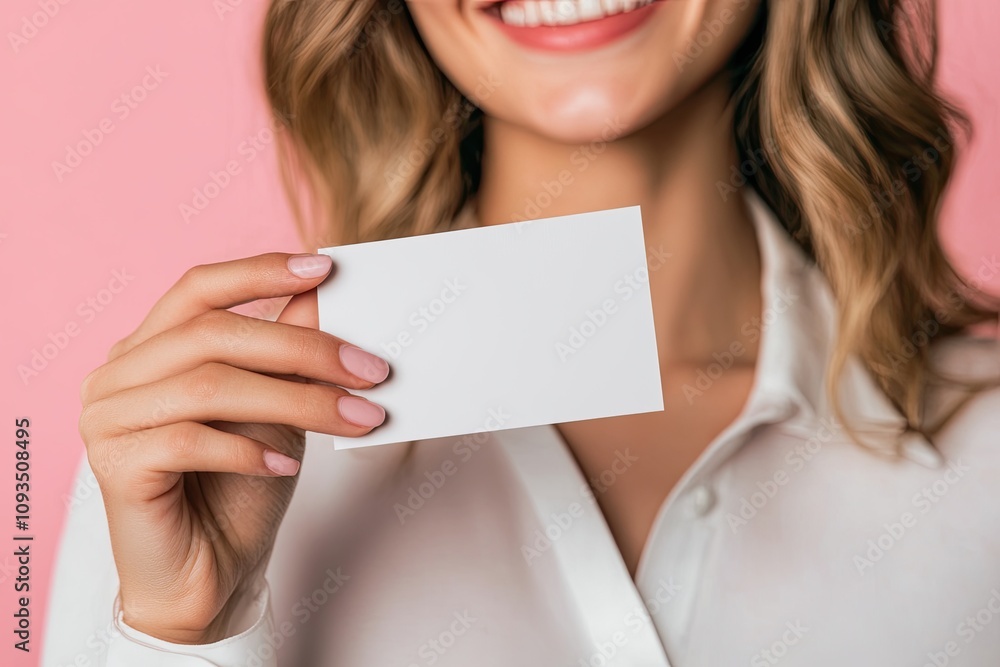 Woman holding blank business card on pink background, close-up. Layout for design. Woman holding blank business card on pink background, close-up. Layout for design.