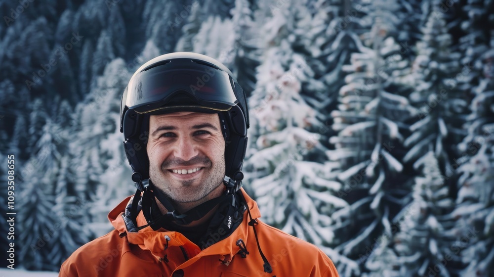 A person wearing an orange jacket and a black helmet, standing or sitting A person wearing an orange jacket and a black helmet, standing or sitting