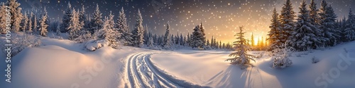 Santaa??s sleigh tracks in the snow, leading through a frosty forest under the twinkling stars, disappearing into the horizon with a golden light in the distance. photo