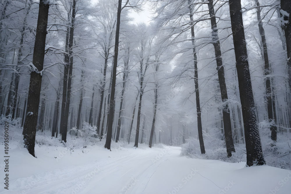 Naklejka premium Snowy path winding through a serene winter forest