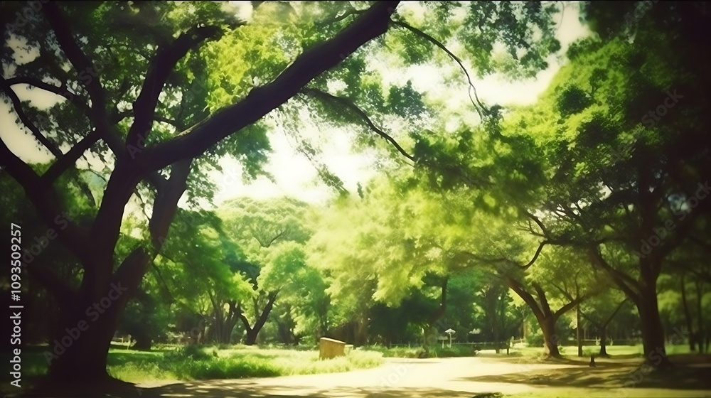 Lush Green Canopy Over Park Path Sunlight Lush Green Canopy Over Park Path Sunlight