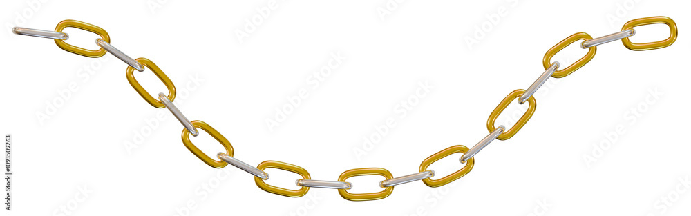 Fototapeta premium A link of silver and golden chains in a curve.