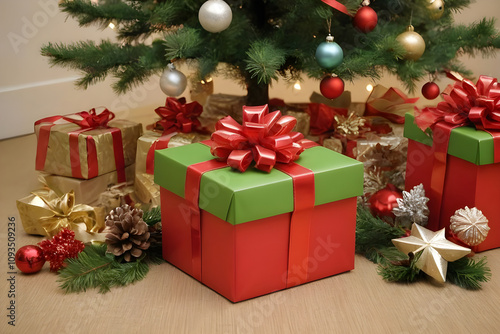 Christmas presents lying under decorated christmas tree