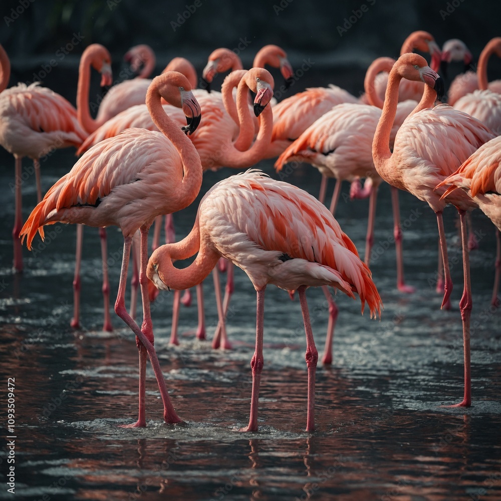 A group of elegant flamingos standing on one leg. A group of elegant flamingos standing on one leg.