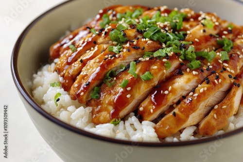 A close-up shot of a bowl of food with rice, ideal for use in food-related content or as a visual element in various designs photo