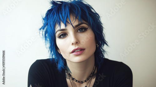 Trendsetting musician with bold electric blue asymmetric shag and edgy style