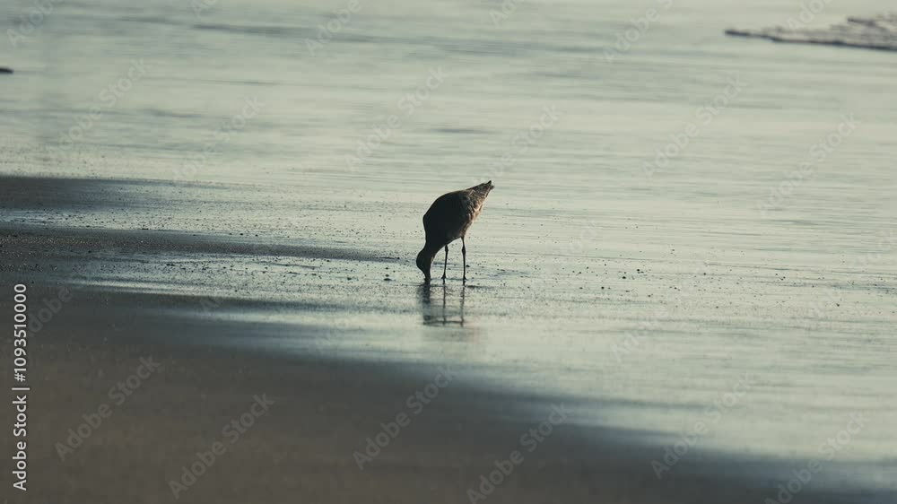 Sandpiper digging for food in beach in slow motion 
