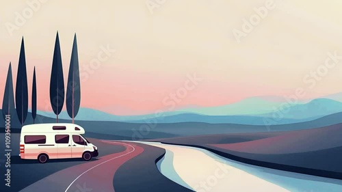 Car on the beach flat illustration motion video. photo