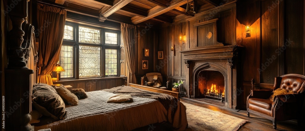 Luxurious Wooden Bedroom With Fireplace And Large Window Luxurious Wooden Bedroom With Fireplace And Large Window