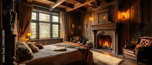 Wallpaper Mural Luxurious Wooden Bedroom With Fireplace And Large Window Torontodigital.ca