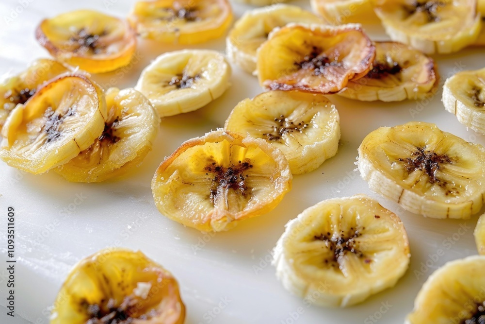 Fresh sliced bananas arranged on a clean white cutting board, perfect for a snack or dessert display Fresh sliced bananas arranged on a clean white cutting board, perfect for a snack or dessert display