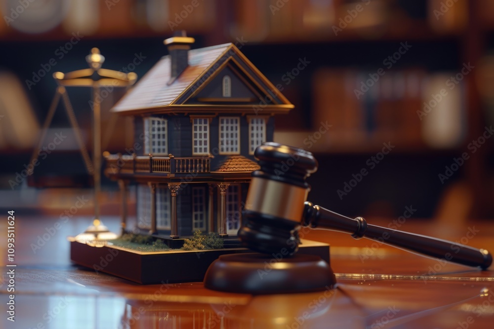 A small model of a house with a judge's gavel on a table, great for illustrations and designs A small model of a house with a judge's gavel on a table, great for illustrations and designs