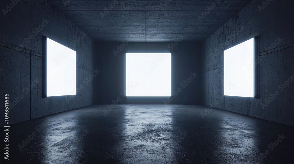 Illuminated panels in a dark concrete room Illuminated panels in a dark concrete room