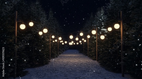 In a dark, snowy forest, night falls as snowflakes drift under the glow of lights and stars.