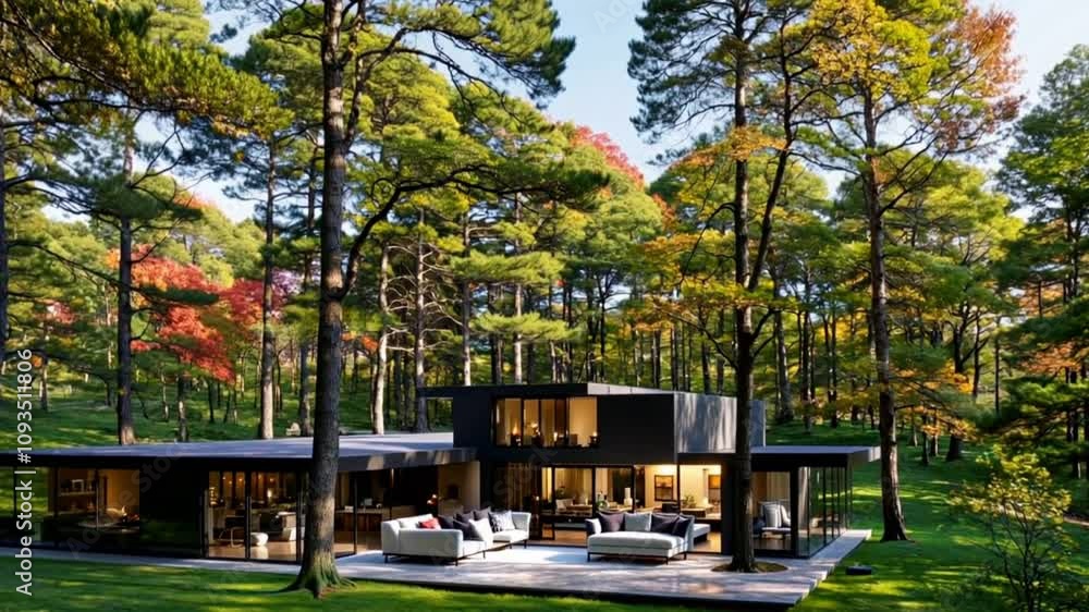 A stunning portrayal of a contemporary home nestled in lush woodland, captured in a seamless looping time-lapse 4K video animation, showcasing serene natural beauty and modern design. A stunning portrayal of a contemporary home nestled in lush woodland, captured in a seamless looping time-lapse 4K video animation, showcasing serene natural beauty and modern design.