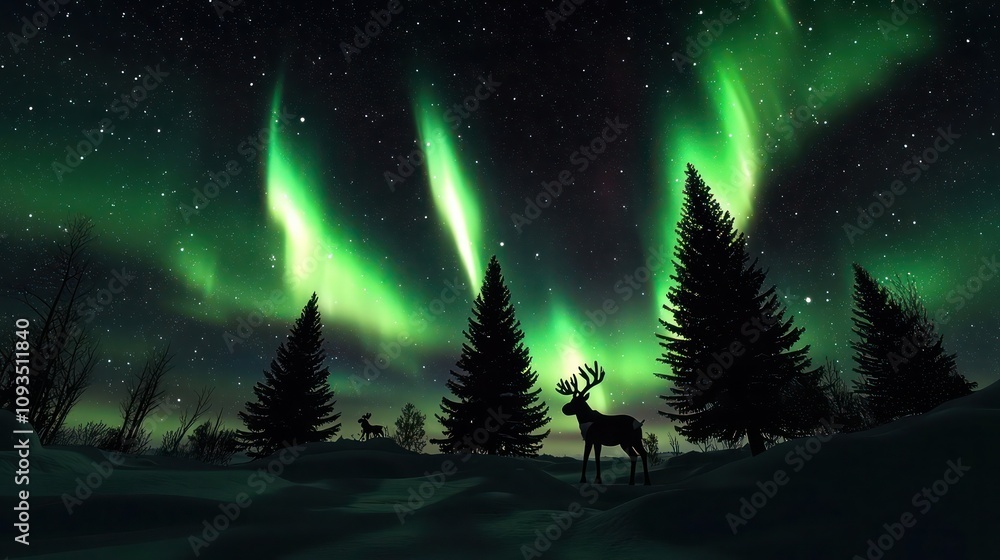 Naklejka premium Magical winter night scene featuring dynamic Northern Lights and a starry sky, with dark silhouettes of Christmas trees and reindeer for a serene holiday atmosphere.