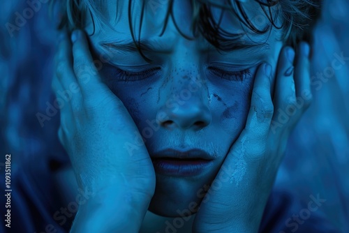 A young boy covering his face with his hands, possibly feeling embarrassed or ashamed photo