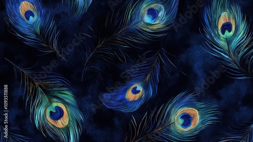 Vibrant peacock feather pattern with rich blue, green, and gold tones on a dark background
