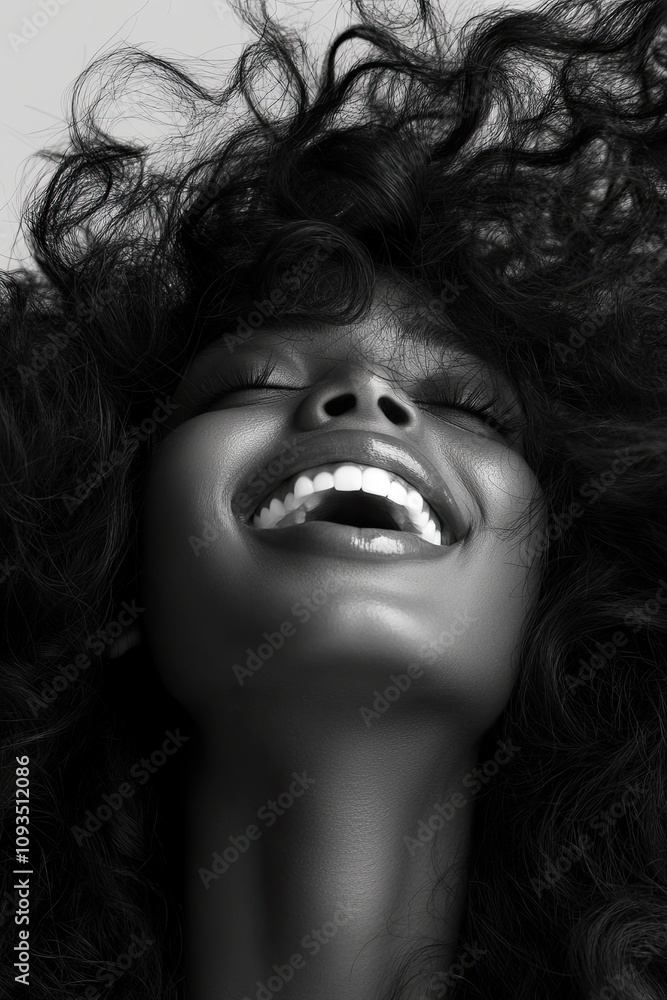 happy laughing black woman with wind moving curly hair. on a plain background, in the studio. happy laughing black woman with wind moving curly hair. on a plain background, in the studio.