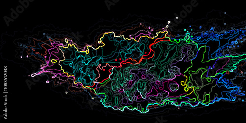 Abstract colorful drop line paint in splash, stain grunge isolated on black background.