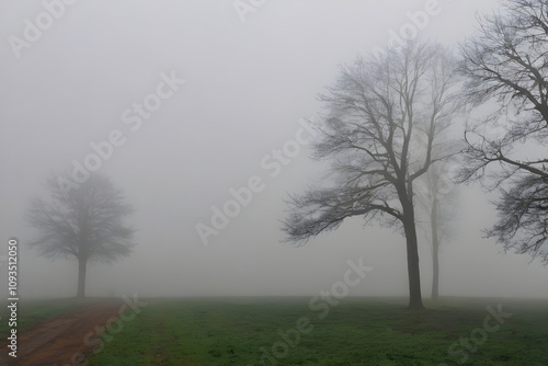 Bare trees standing in foggy field with dirt road