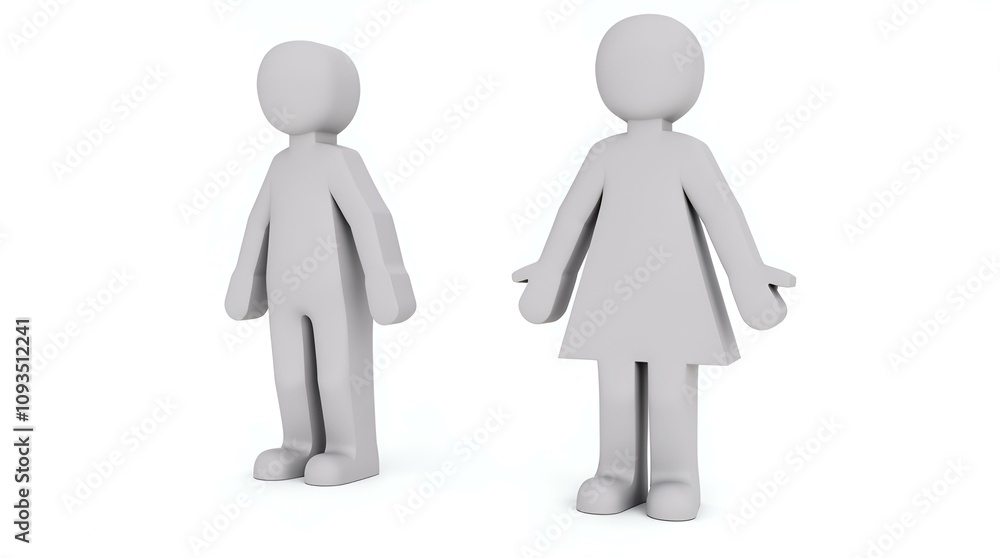 Two gray 3D humanoid figures stand side by side, one male and one female, against a white background. The design is abstract with minimal detail. Two gray 3D humanoid figures stand side by side, one male and one female, against a white background. The design is abstract with minimal detail.