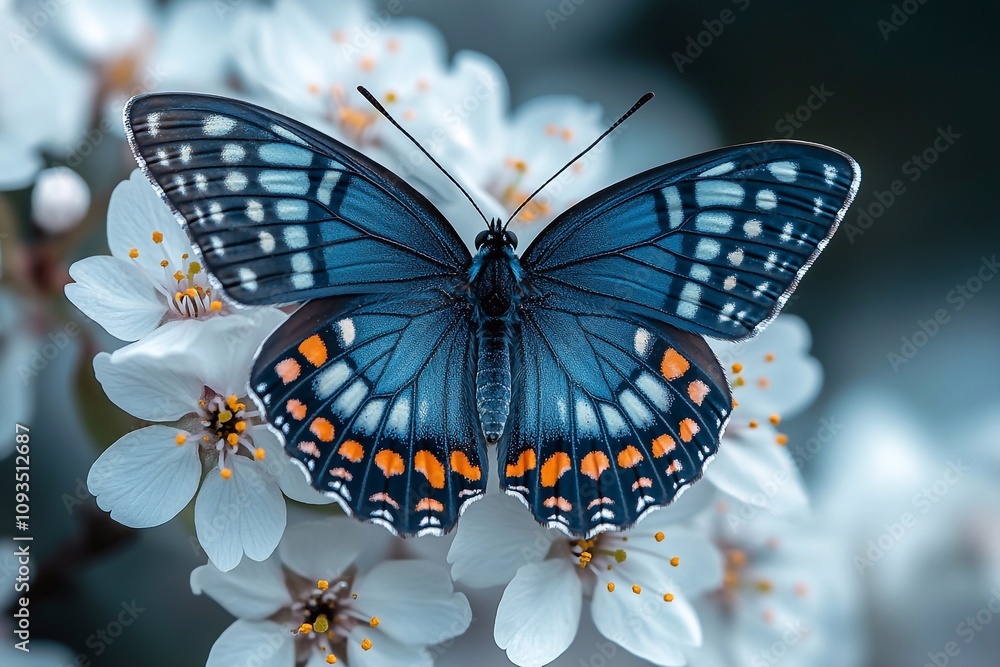 A beautiful butterfly with dark blue wings, with orange and blue hues and small dots. It sits on white flowers, A beautiful butterfly with dark blue wings, with orange and blue hues and small dots. It sits on white flowers,