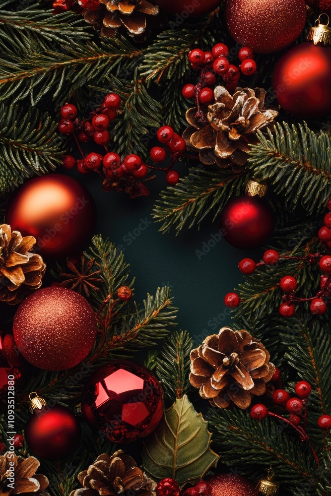 A festive Christmas wreath decorated with red and gold ornaments A festive Christmas wreath decorated with red and gold ornaments