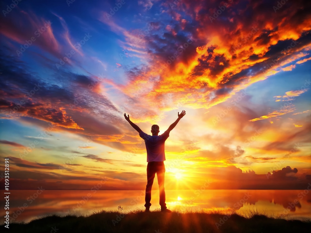 Serene Silhouette of a Person with Hands Raised Against a Sunset Sky, Capturing the Essence of Gratitude and Blessings for Inspirational Quotes Serene Silhouette of a Person with Hands Raised Against a Sunset Sky, Capturing the Essence of Gratitude and Blessings for Inspirational Quotes