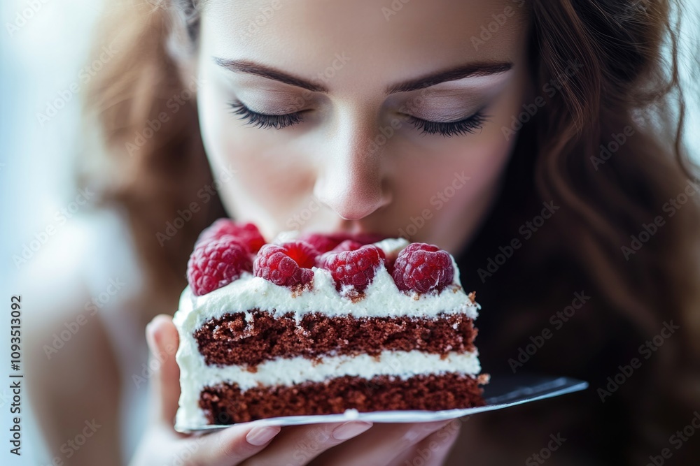 A woman enjoying a slice of cake with fresh raspberries A woman enjoying a slice of cake with fresh raspberries