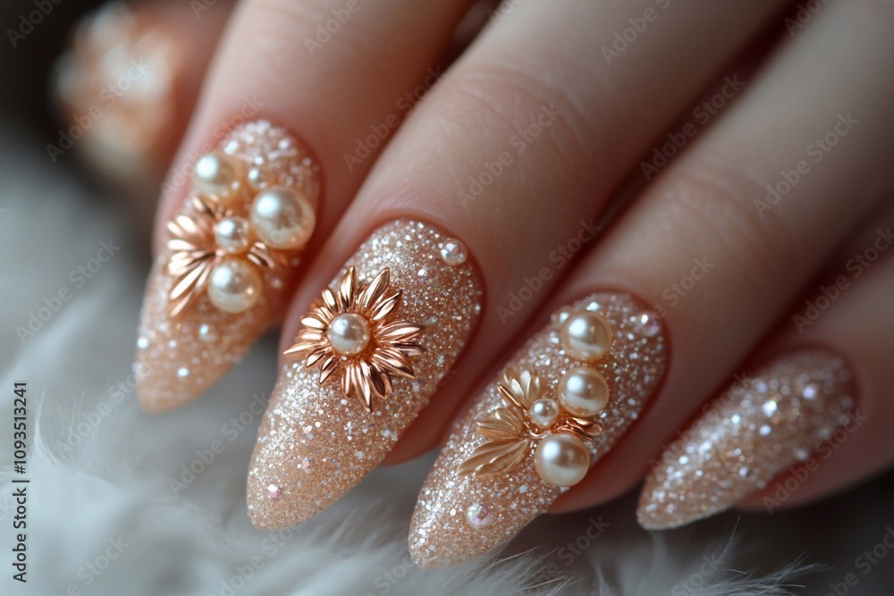 A delicate beige manicure with sparkles and stones, designed on long nails. The light and elegant design emphasizes sophistication and style, A delicate beige manicure with sparkles and stones, designed on long nails. The light and elegant design emphasizes sophistication and style,
