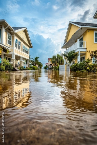 A picture of a flooded street with houses in the background, ideal for use in news articles or documentaries about natural disasters