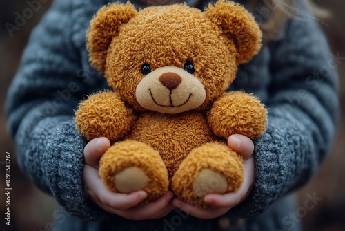 A soft brown teddy bear being held in the hands. A close-up shows the lower arms gently supporting the teddy bear, emphasizing its fluffy texture and warmth.