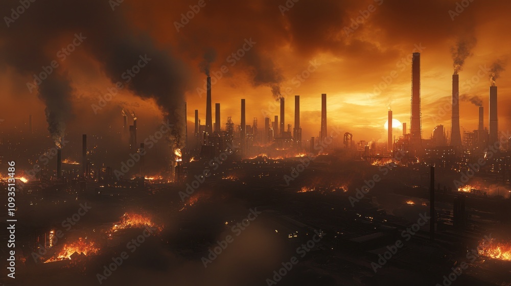 Industrial Dusk: Panoramic View of Polluted Zone with Silhouetted Smokestacks and Fiery Sky, Depicting Harsh Industrial Life Industrial Dusk: Panoramic View of Polluted Zone with Silhouetted Smokestacks and Fiery Sky, Depicting Harsh Industrial Life