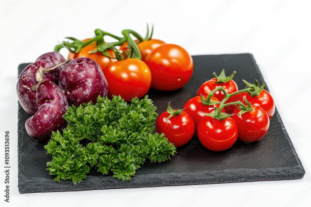 Fresh vegetables arranged on a black plate Fresh vegetables arranged on a black plate