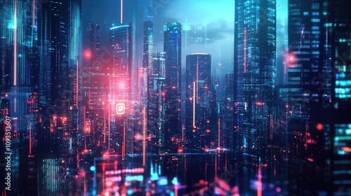 Futuristic cityscape at night with glowing skyscrapers and neon lights.