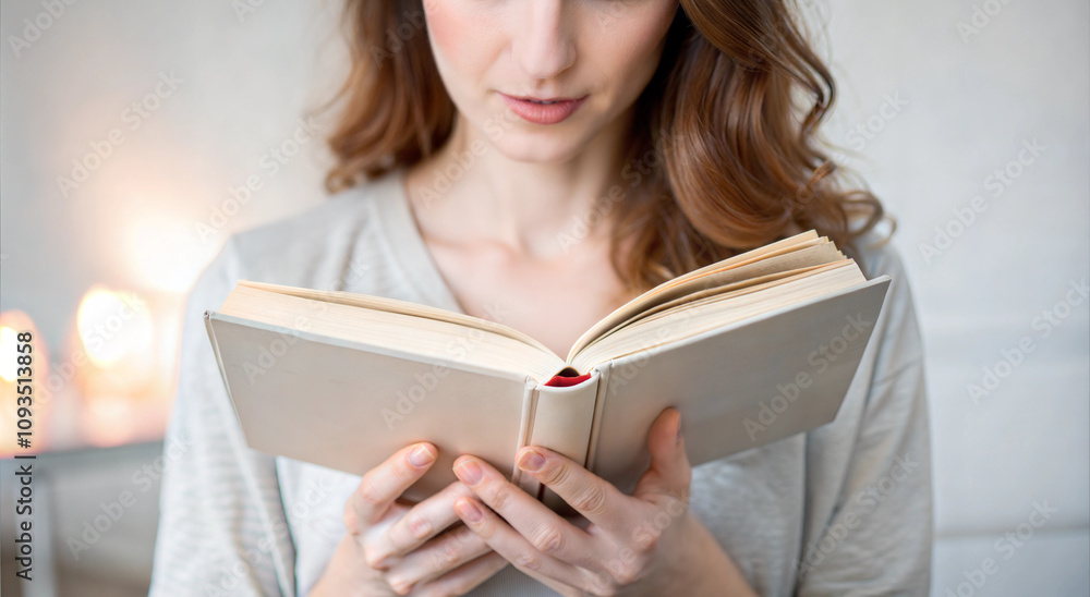 Woman reading book in cozy bedroom sitting on bed with warm light and relaxed atmosphere Woman reading book in cozy bedroom sitting on bed with warm light and relaxed atmosphere